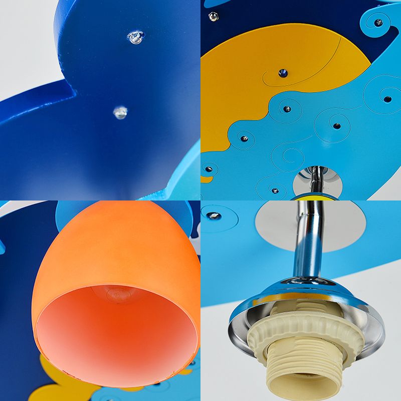 Nautical Style Sea Ceiling Light with Dolphin 4 Lights Wood Flush Mount Light in Blue for Kindergarten