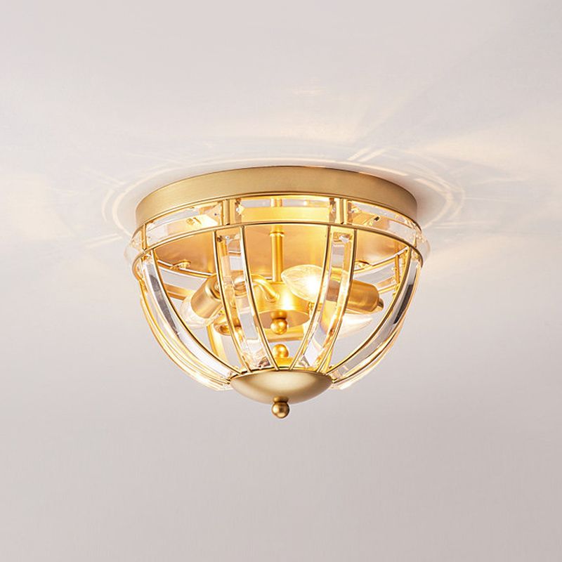 Dome Corridor Ceiling Fixture Rectangle-Cut Crystal 3 Bulbs Simplicity Flush Mount Light in Black/Gold
