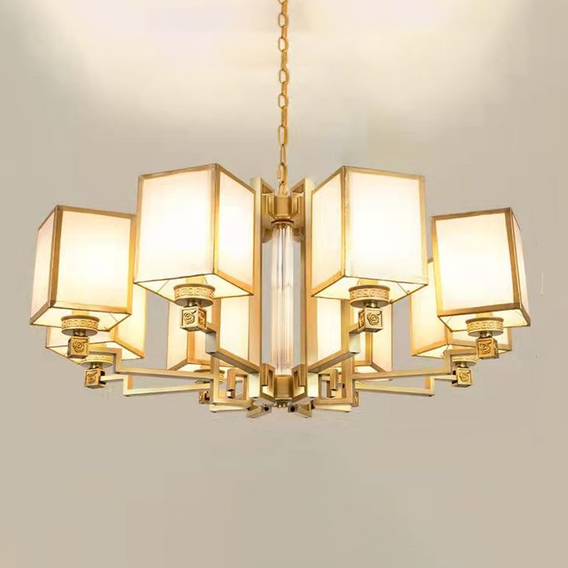 Brass Square Suspension Light Traditional Fabric Lobby Chandelier Light Fixture