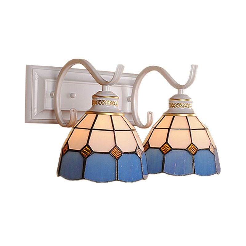 2 Lights Domed Wall Light Fixture Mediterranean Stained Glass Vanity Light in White/Black for Bathroom