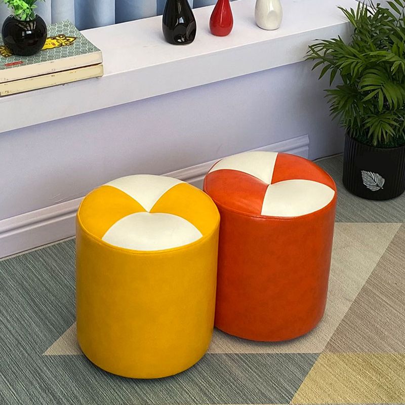 Color Block Pouf Cylinder Shape Faux Leather Contemporary Stain Resistant Pouf