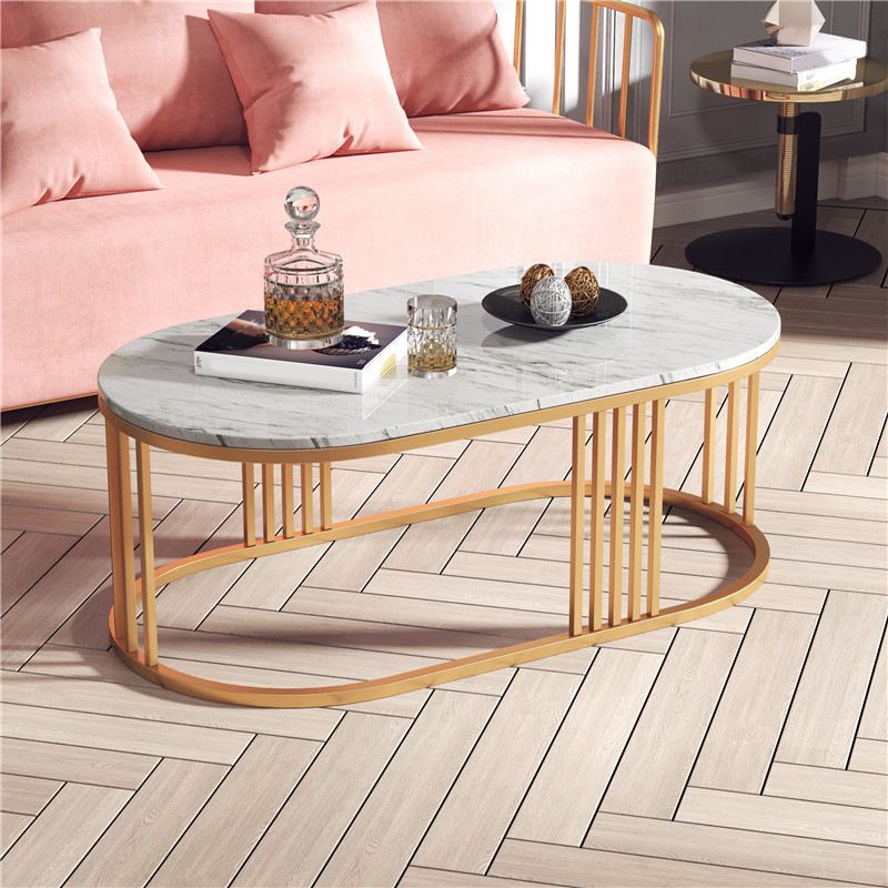 Glam Oval Coffee Table with Marble Top and Iron Frame Base 1 Piece