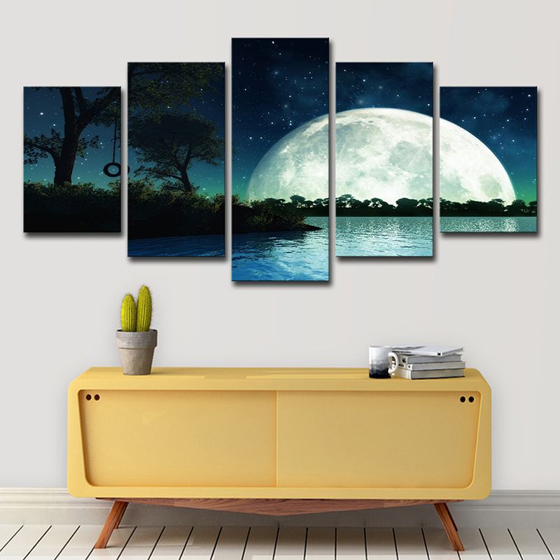 Kids Fantasy Wall Art Dark Blue Super Moon and Lake Scenery Canvas Print for Home