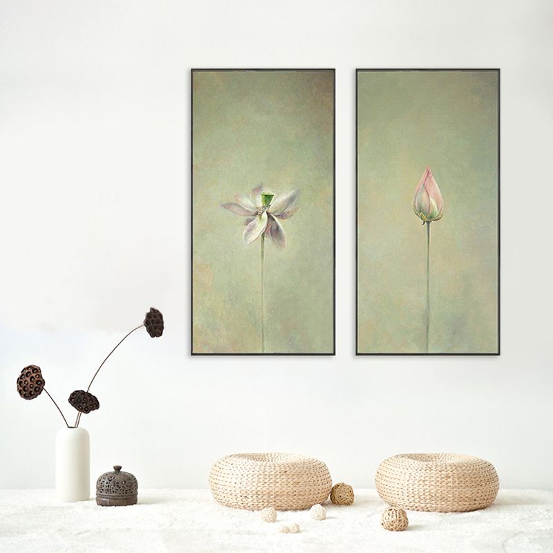 Rural Still Life Lotus Painting Soft Color Textured Canvas Wall Art for Guest Room