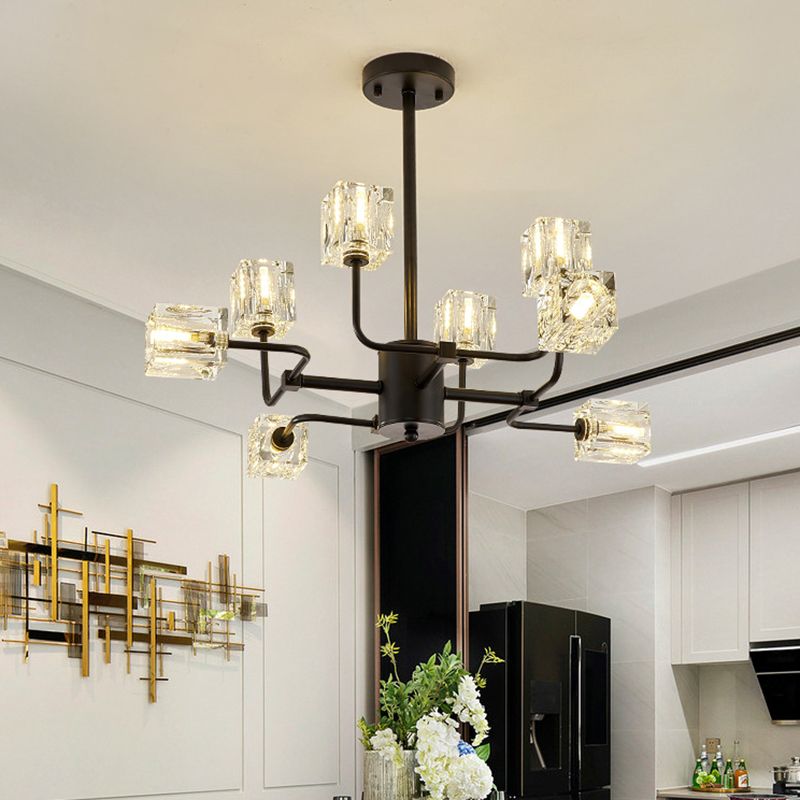 Cubic Kitchen Semi Flush Mount Modern Clear Crystal Block 8 Heads Black Ceiling Light Fixture