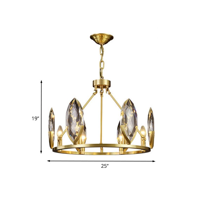 6/8 Glühbirnen Wohnzimmer Hanges Licht Kit Moderne Goldring Kronleuchter Lampenlampe mit ovalem Kristallschatten
