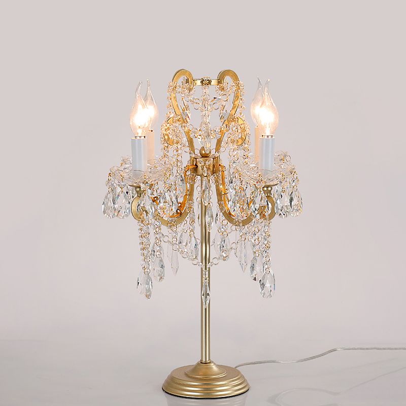 Lampada da tavolo in cristallo trasparente bianco/oro con braccio piegato, lampada notturna in stile rurale a 2 luci per soggiorno