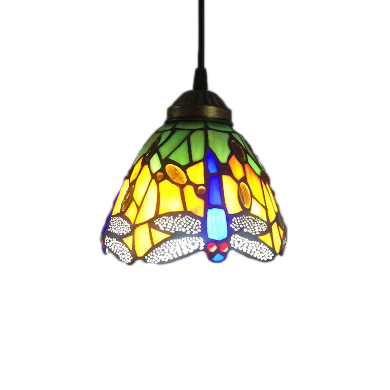 Bell Stained Glass Hanging Pendant Light Baroque 1-Bulb Drop Lamp with Dragonfly Pattern