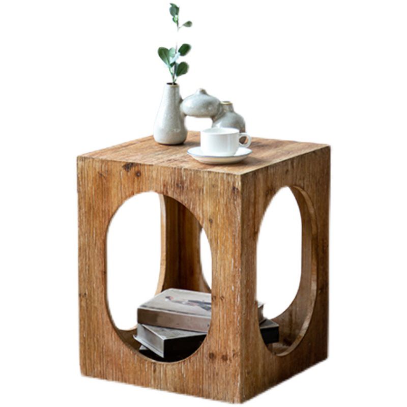 Rustic Wooden Storage End Table Square Drum Side Table in Natural