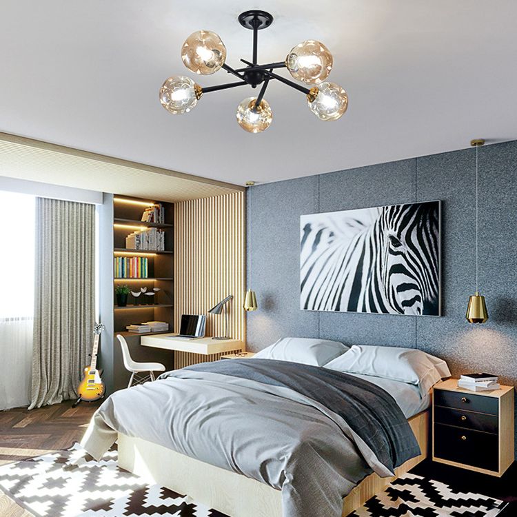 Multi -Hellglas -Ballkugel Kronleuchter hell schwarz schmiedeeisernlampen Körper moderne schicke Licht für Wohnzimmer