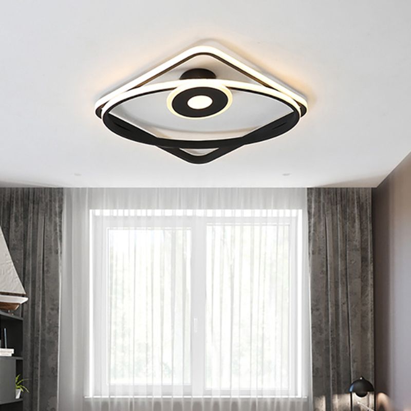 Modern LED Flush Light Fixture White/Black Geometric Frame Ceiling Flush Mount with Acrylic Shade in Warm/White Light
