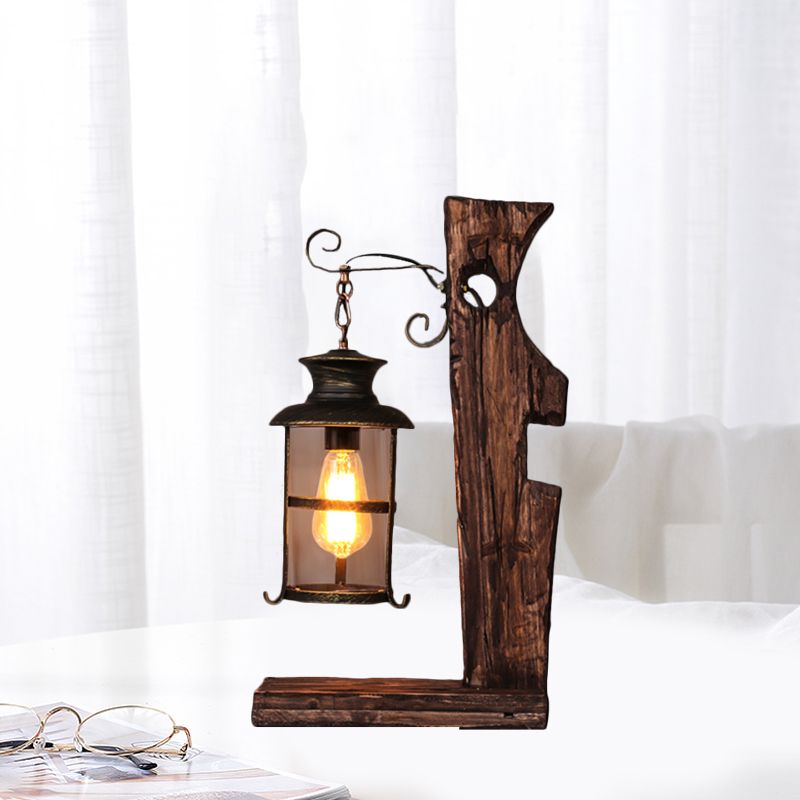 Lámpara de mesa negra de cristal transparente, lámpara de escritorio de estilo industrial con 1 cabezal y base de madera