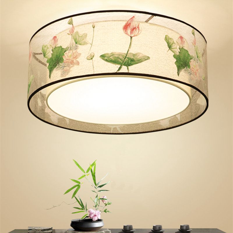 Traditional Classic Geometric Flush Mount Wrought Iron Indoor Ceiling Light with Fabric Shade