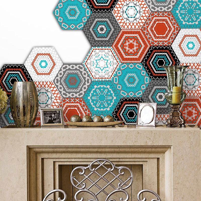 Red Hexagon Wallpaper Panel Set Tiles Bohemia Self-Stick Wall Covering for Bedroom
