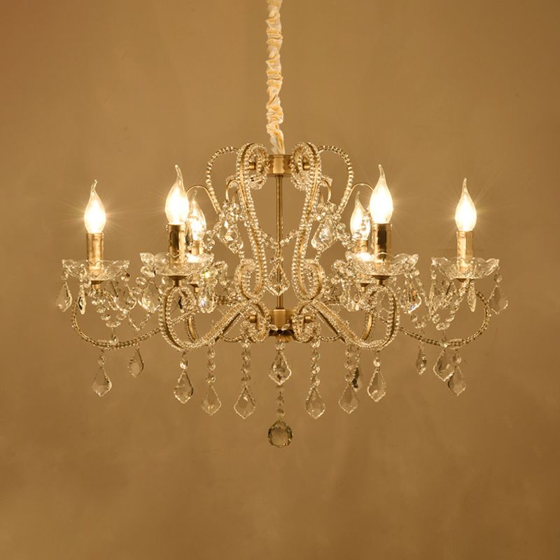 Traditionalisme Candelabra Kroonluchter 6-Bulb Clear Crystal Hanging Light armatuur met metalen gescrolde arm
