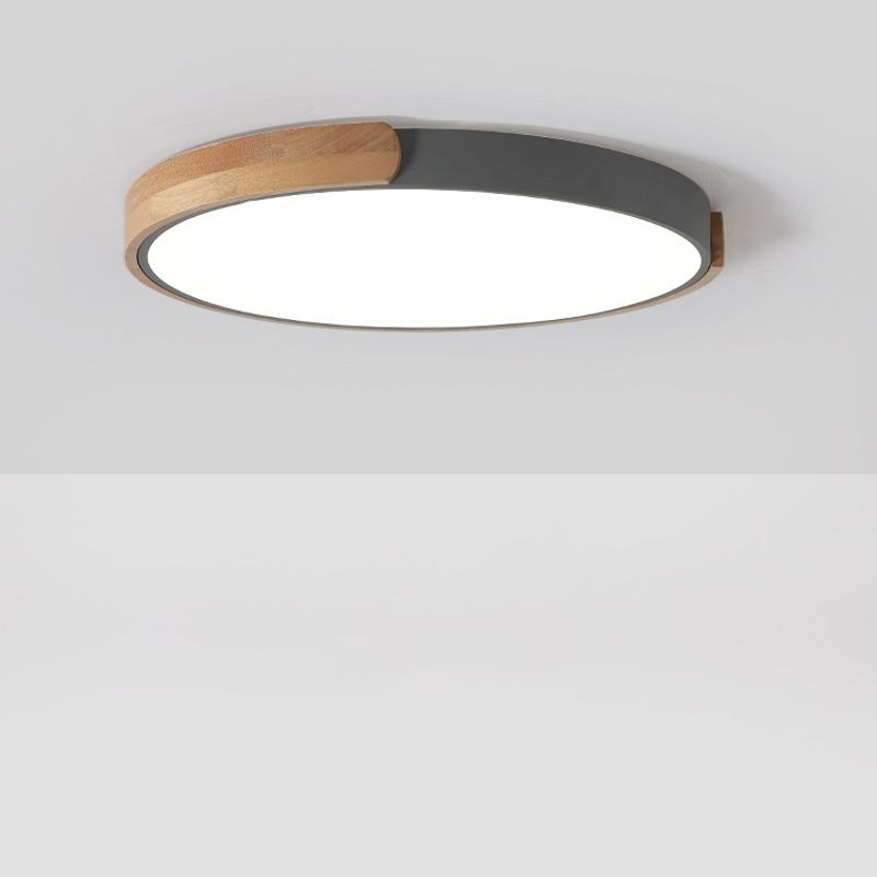 Plafonnier LED à disque gris, luminaire simple en acrylique avec décoration en bois