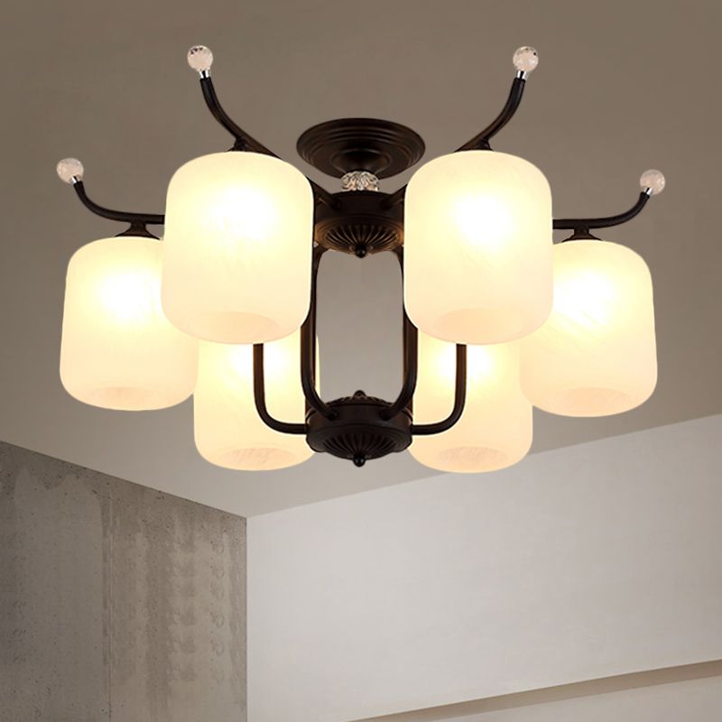 Cream Glass Cylindrical Shade Chandelier Retro Style 6/8 Heads Living Room Suspension Pendant Light in Black