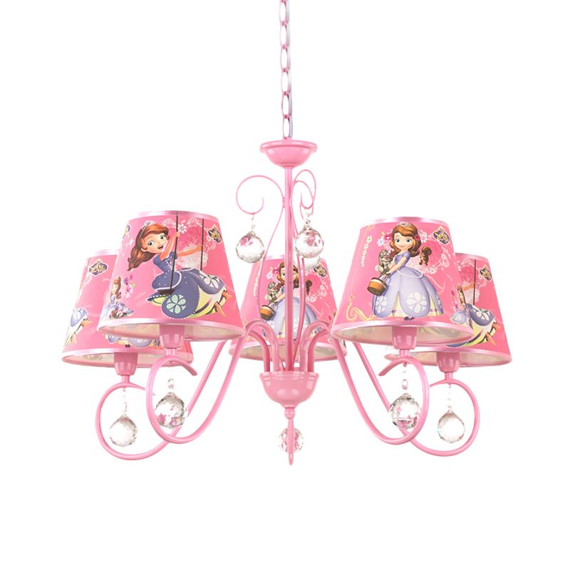 5/6 Bulbs Nursery Ceiling Chandelier Kids White/Pink Pendant Light Fixture with Bucket Fabric Shade