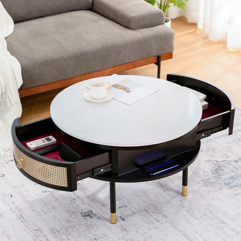 17.7" H Round Slate Coffee Table 4 Legs Cocktail Table with 2 Drawers