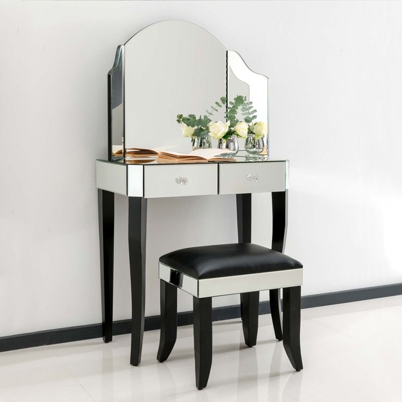 Tri-Folding Mirror Vanity Table Set 31.5" Wide 2-drawer Mirrored Vanity Desk