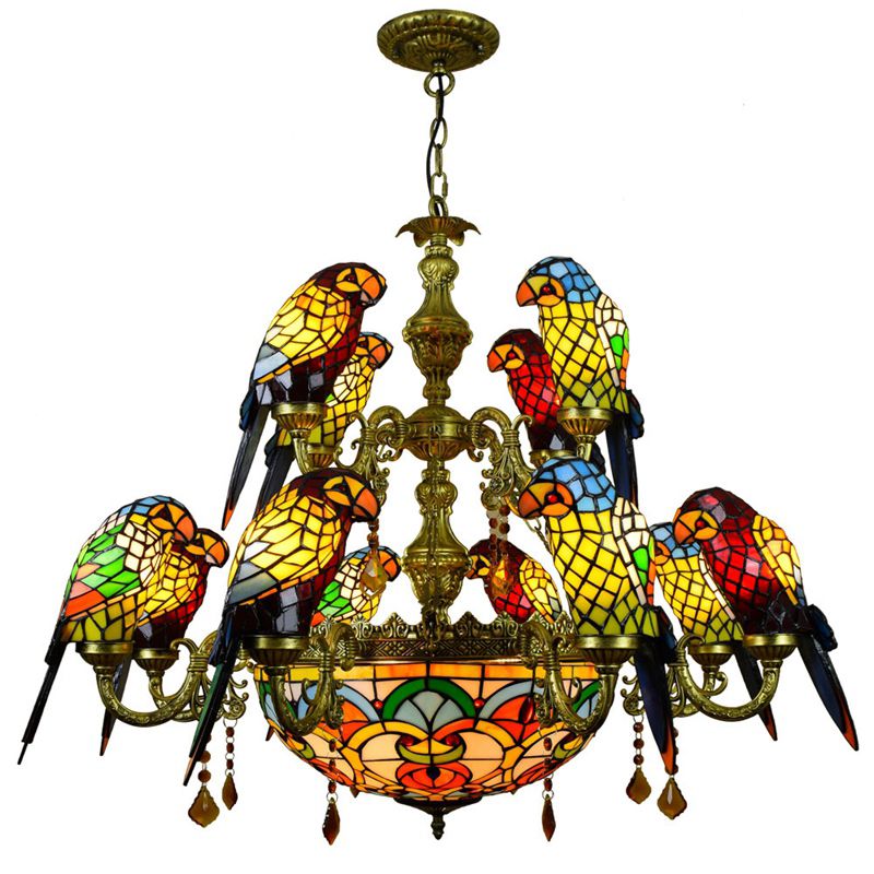 Multi Colored Tiffany Glass Suspension Lighting Victorian Style Ceiling Suspension Lamp for Living Room