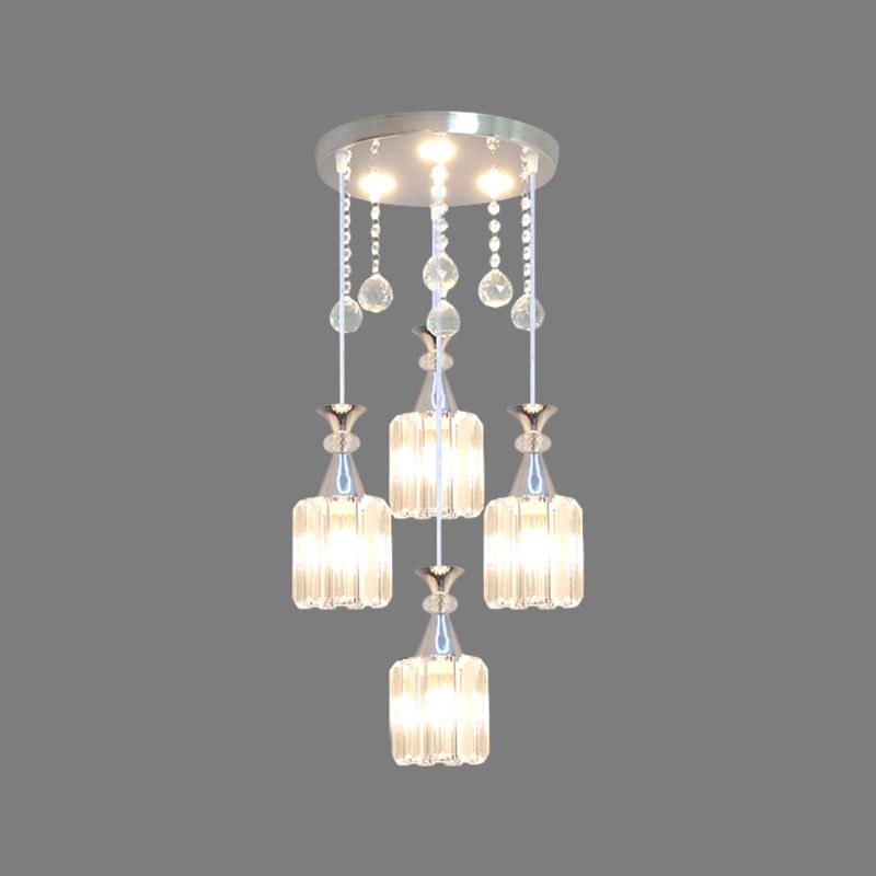 Silver Finish Cylinder Multiple Hanging Light Modern 4 Heads Crystal Block Pendulum Lamp