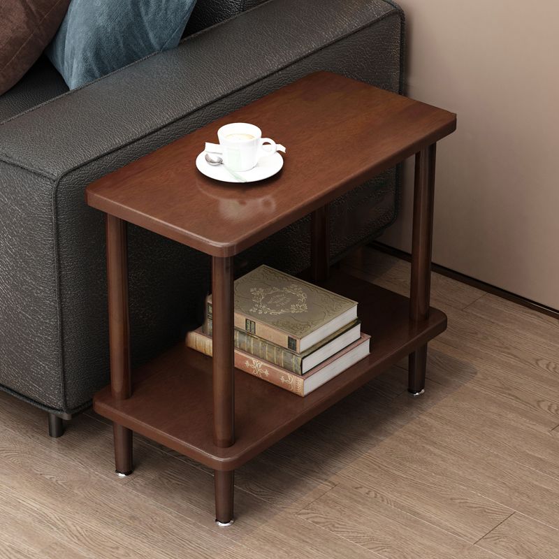 Modern Solid Wood End Slide Table 4 Legs with Shelf Double Tier Side Table