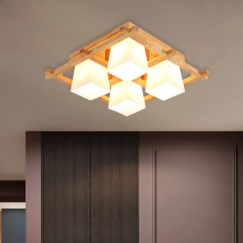 Wooden Checkerboard Shape Flush Mount Light Study Room Japanese Style Ceiling Light in Beige