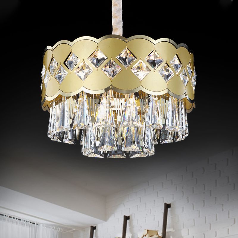 Gold Finish Drum Kroonluchter Modern Clear Crystal Drops 9 Heads Great Room Pendant Lighting, 19,5 "/23.5" Breedte