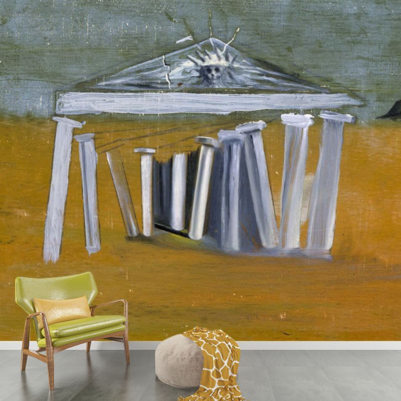 Surreal Art Temple Wall Mural Yellow Moisture Resistant Wall Covering for Living Room