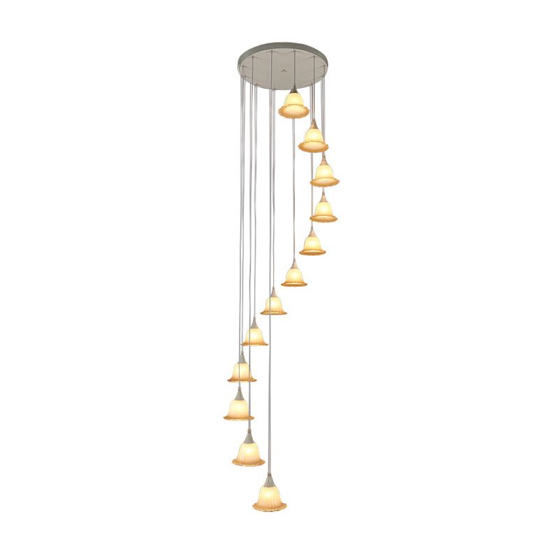 White Glass Flower Multi Pendant Modern 12 Lights Stair Hanging Ceiling Lamp with Spiral Design