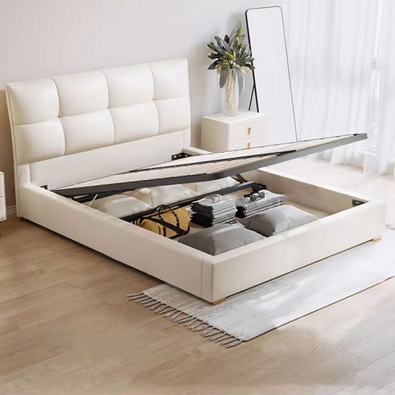 Glam White Upholstered Tufted Bed Frame Genuine Leather Panel Bed