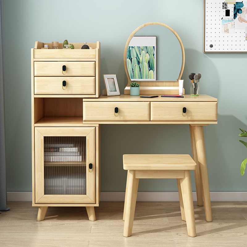 Wood Vanity Set with Stool and Mirror Scandinavian 4 Drawers Dresser