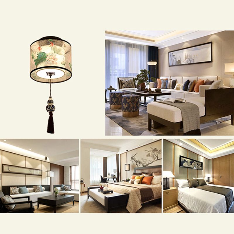 Quadratisch/Rund Flush Mount Licht Stoff Schatten Chinesische Stil Bündig Deckenleuchte