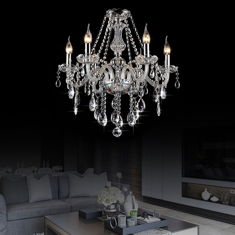Clear Crystal Candelabra Chandelier Light Modern 6/8 Lights Hanging Ceiling Light for Living Room