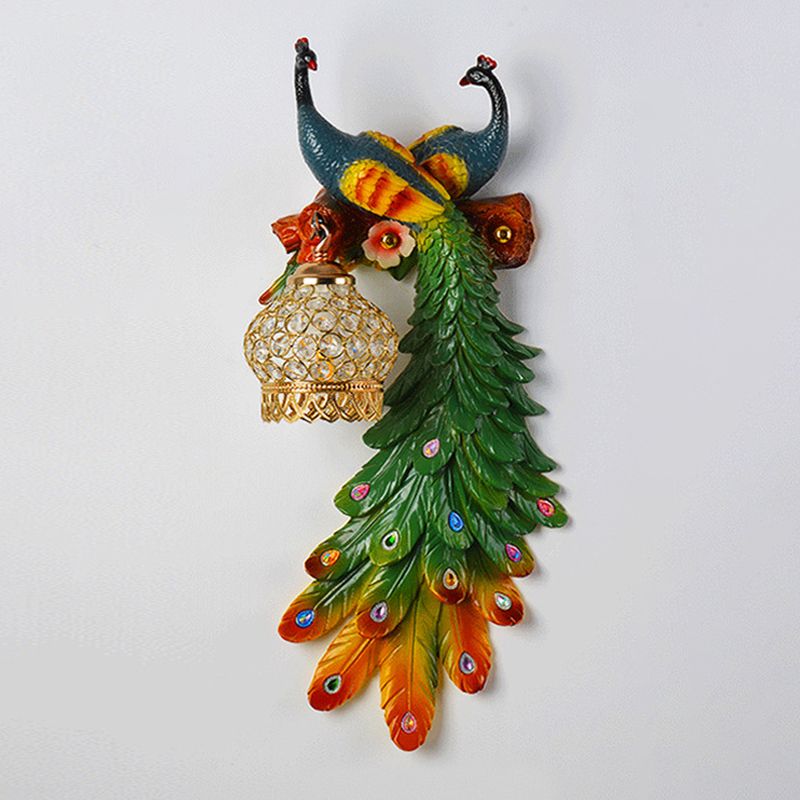 Kristall-verkrustete Laternenwand-Lampe rustikaler 1-Licht-Wohnzimmerleuchter mit mehrfarbigem Pfauen-Deko