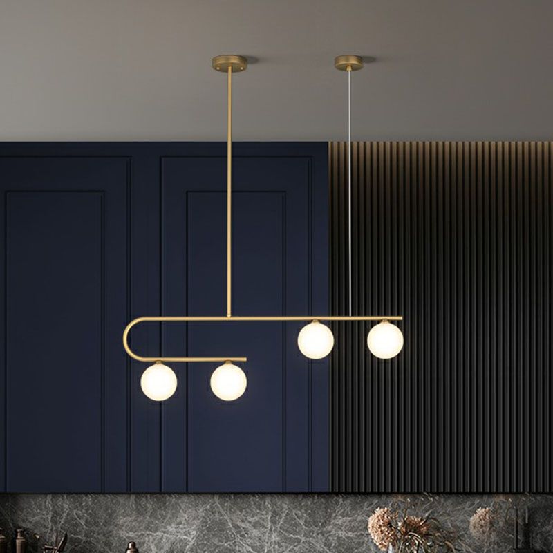 Linear Restaurant Island Pendant Light Ivory Ball Glass Postmodern LED Hanging Lamp in Gold