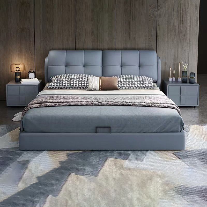 Contemporary Faux Leather Standard Bed, Rectangular Upholstered Headboard Bed