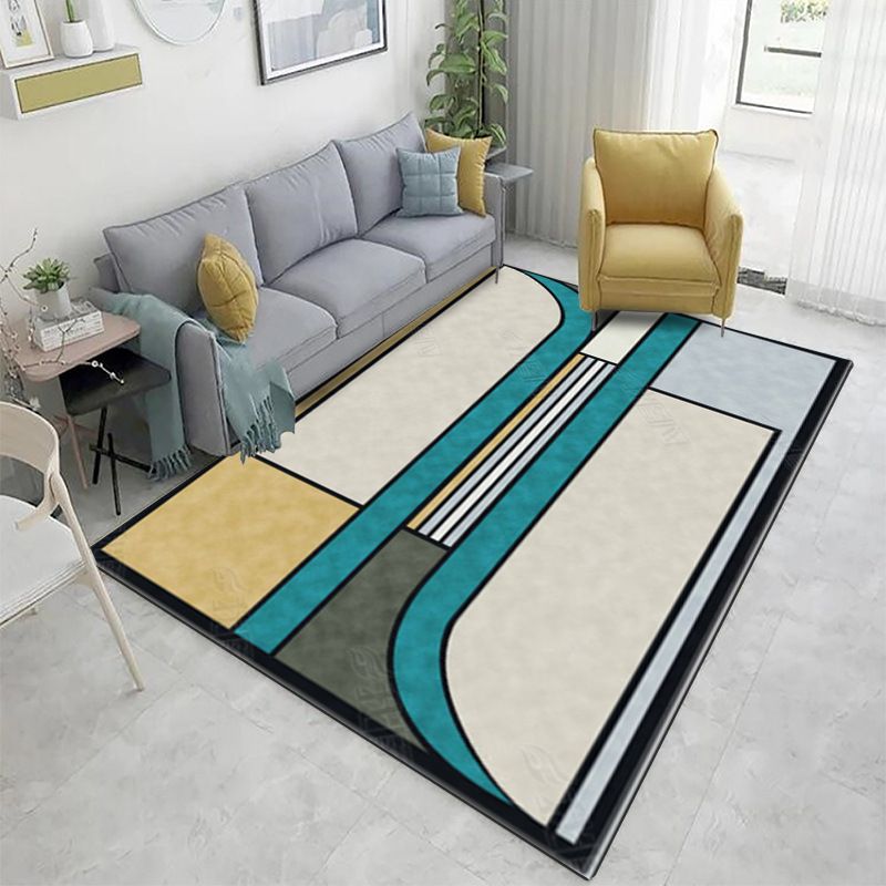 Blue Modern Carpet Geometric Pattern Polyester Area Carpet Stain Resistant Rug for Drawing Room