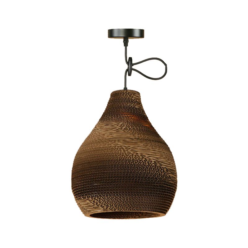 Contemporary Dome/Bowl Shade Suspension Light 1 Head Corrugated Paper Pendant Lamp in Brown