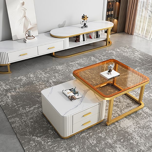 Modern Square Stone Coffee Table with Drawers 2 Nesting Cocktail Table Set