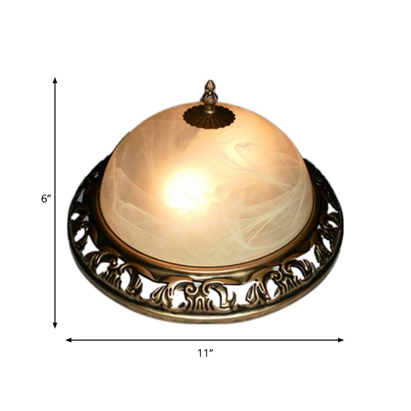 Brass 2 Lights Ceiling Lighting Fixture Traditional Crackle Glass Semi-Orb Flush Mount Lamp for Dining Room