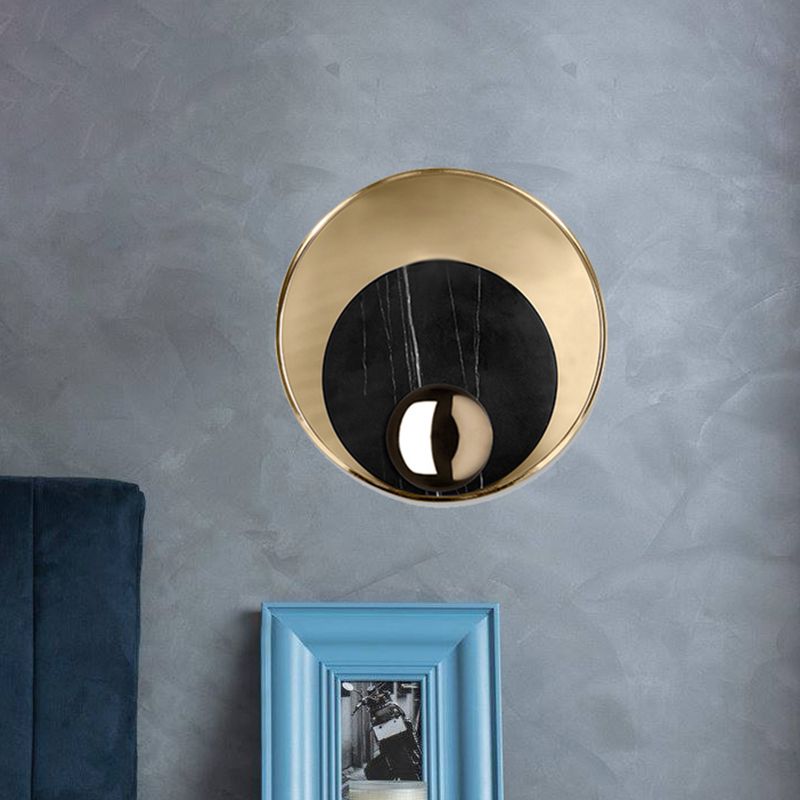 Round Marble LED Sconce Lighting Modernist 1 Head White/Black Wall Mounted Lamp with Gold Metal Backplate