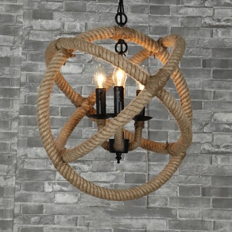 Rope Antique Cage Chandelier 3-Light Hanging Pendant Lights for Dining Room