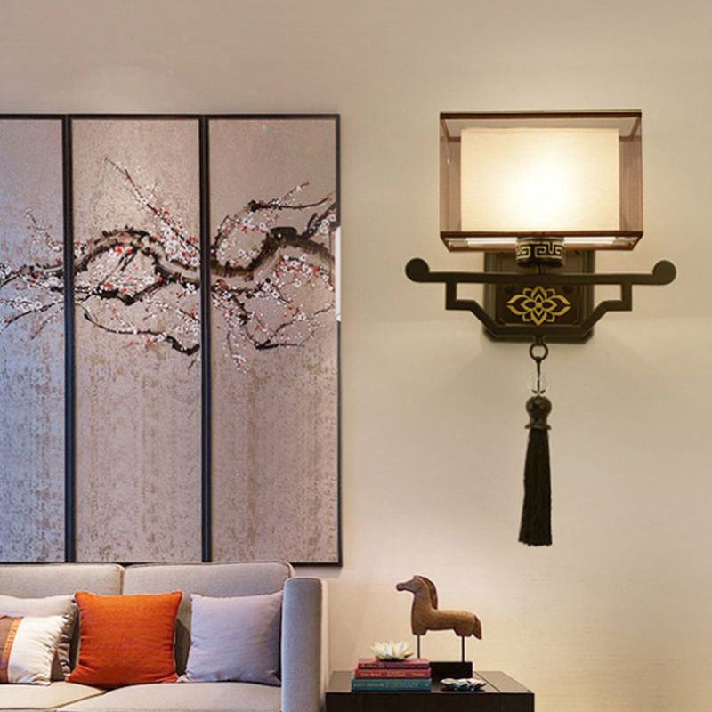 Black 1 Light Wall Mount Light Traditional Fabric Rectangle Sconce with Metal Backplate