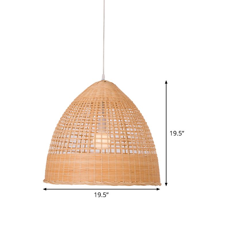 Asian Cloche Pendant Ceiling Light Bamboo 1-Light Dining Room Hanging Lamp in Beige