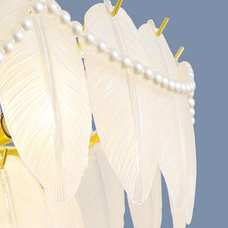 Modern Metal Ceiling Light Feather Shape Hanging Light with Glass Shade for Living Room