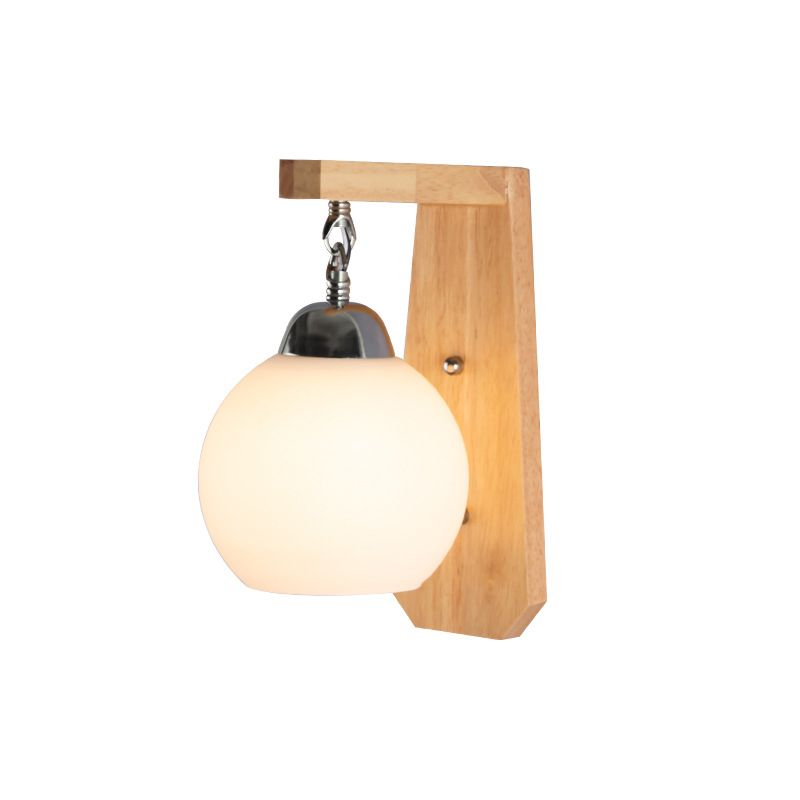 Luz de pared de globo de vidrio de leche con lámpara de pared contemporánea de bombilla de madera en blanco para dormitorio