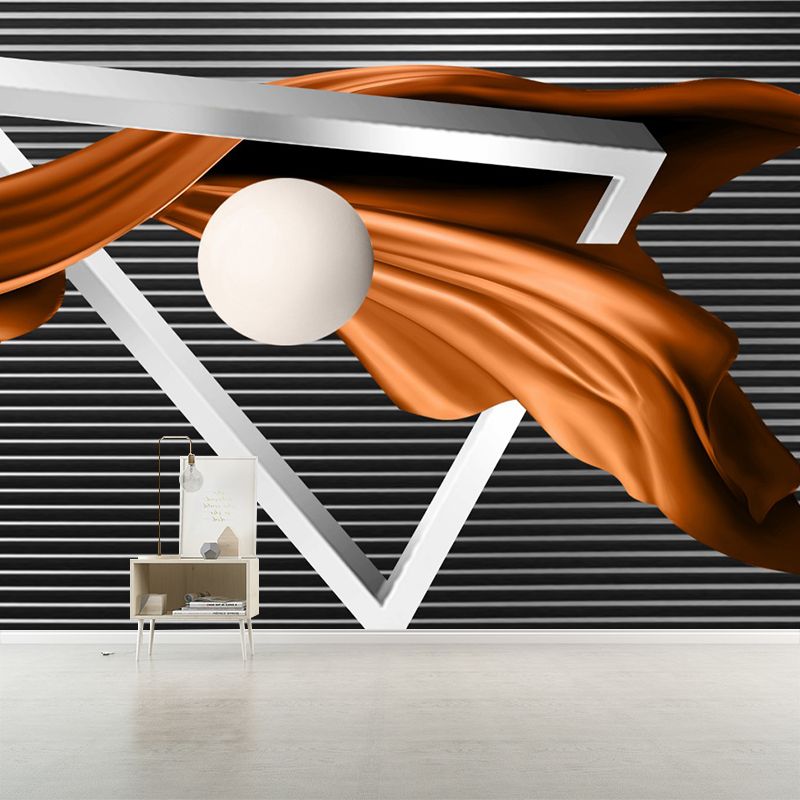 Modern Art Geometry Wall Murals in Grey-Orange Moisture Resistant Wall Covering for Living Room