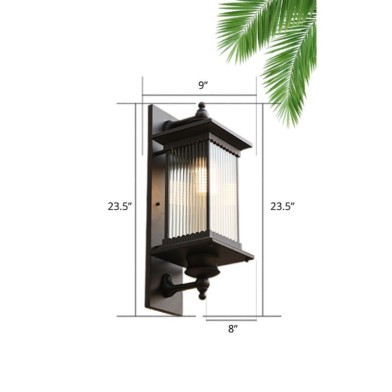 Glass Shaded Lantern Wall Sconce Traditional 1 Head Patio Wall Mount Light Fixture in Black